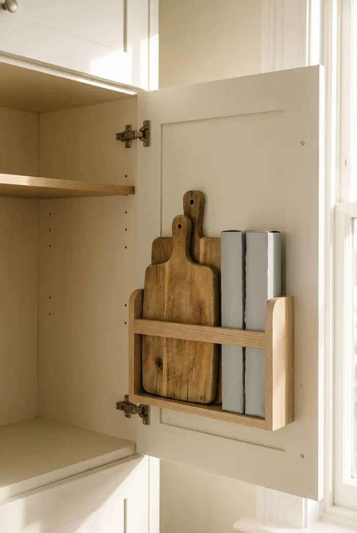 Slim rack on the inside of a cabinet door holding cutting boards and wrap boxes