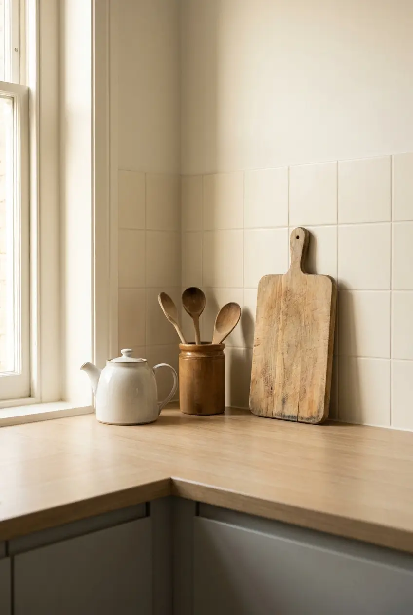 Small apartment kitchen counter holding only a kettle, utensil crock and cutting board