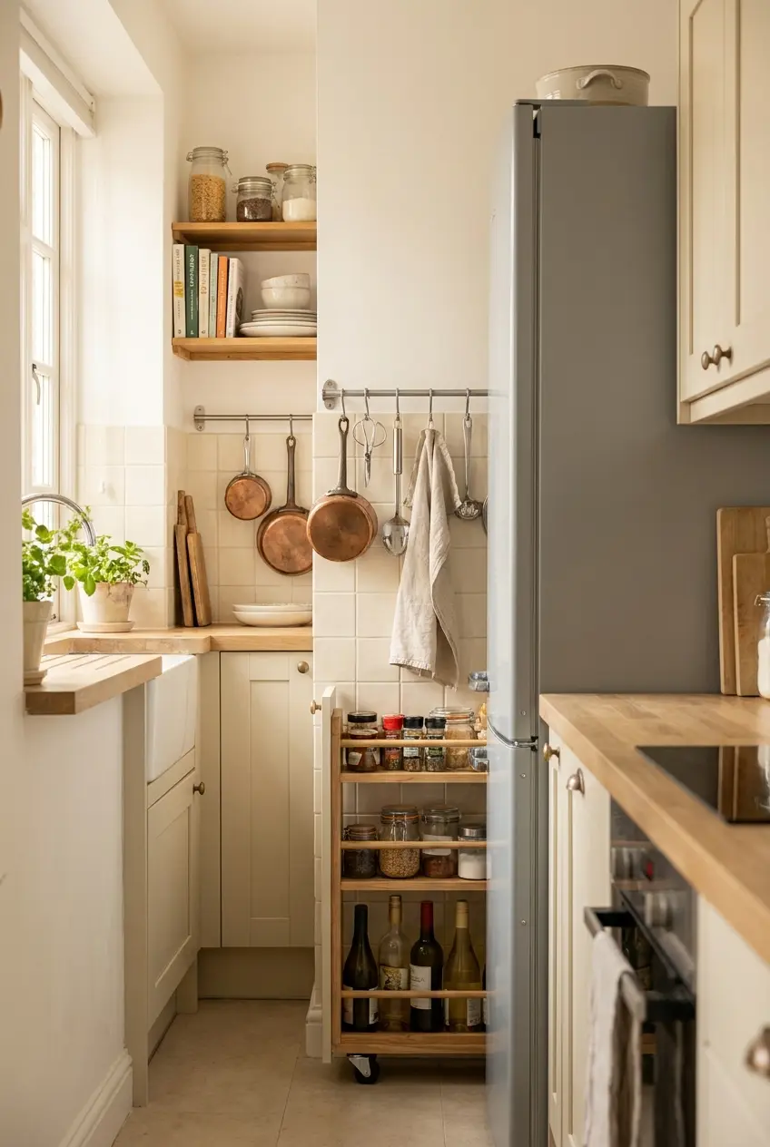 Narrow apartment kitchen with a slim rolling cart beside the fridge and a rail on the backsplash