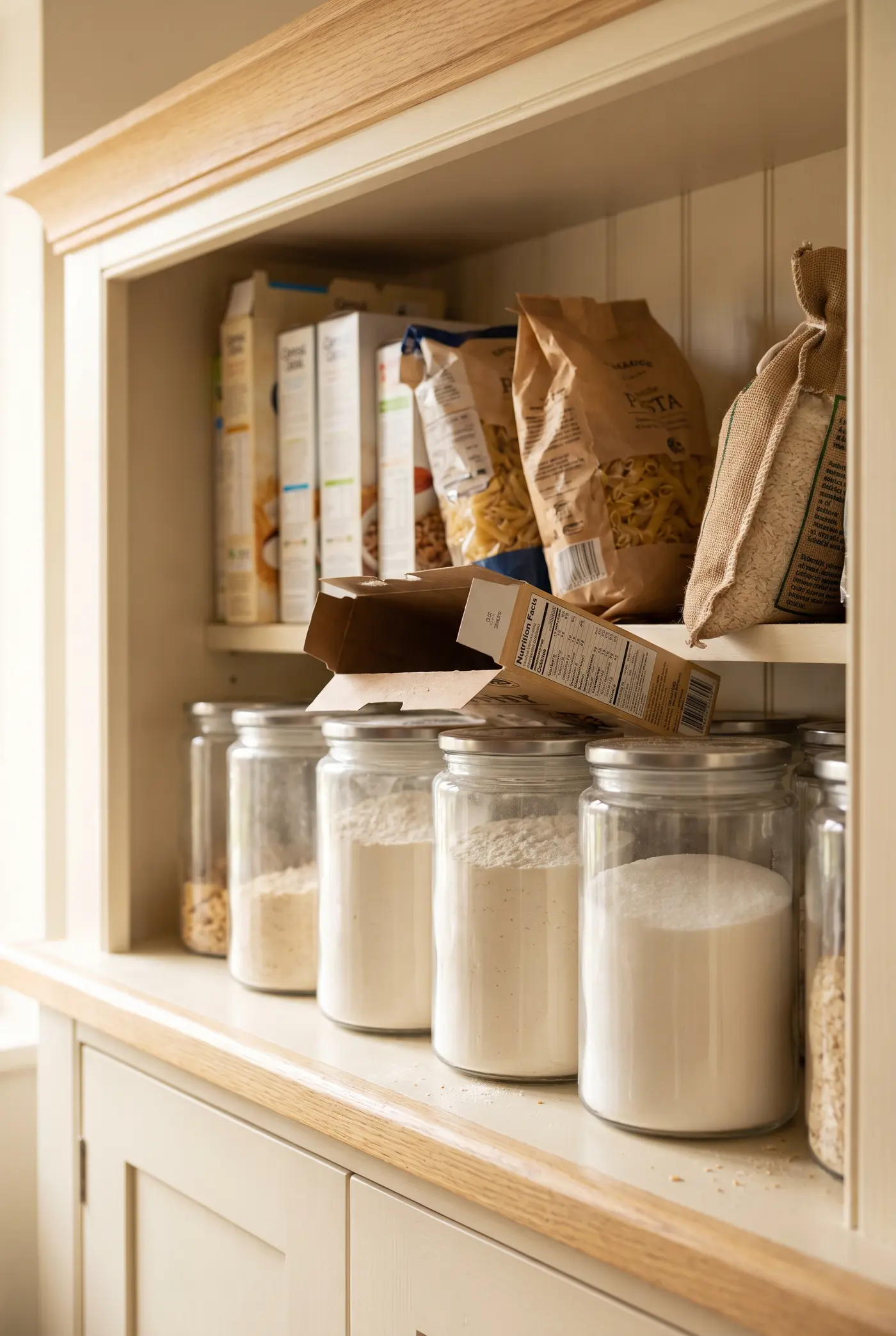 Pantry shelf with matching glass canisters at the front and cardboard boxes shoved in behind them at angles
