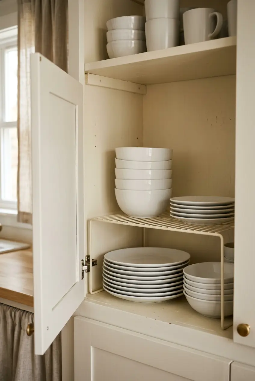 Plates and bowls stacked on a wire shelf riser inside a white kitchen cabinet